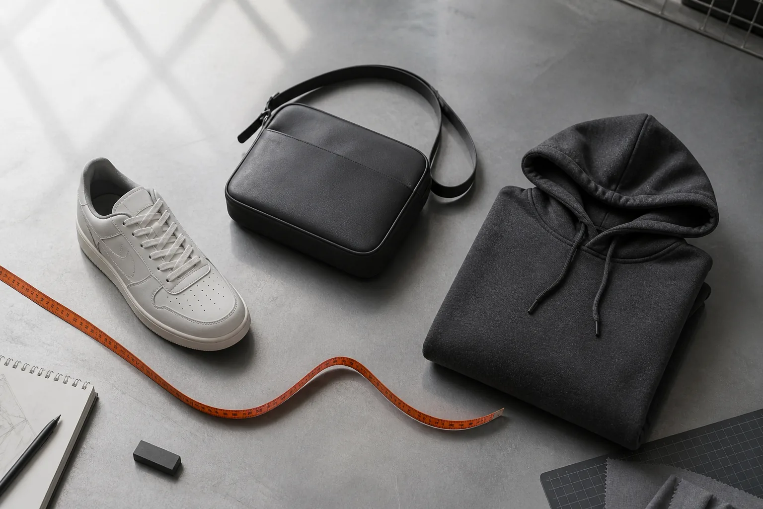 Shoes, a bag and a hoodie arranged for category comparison
