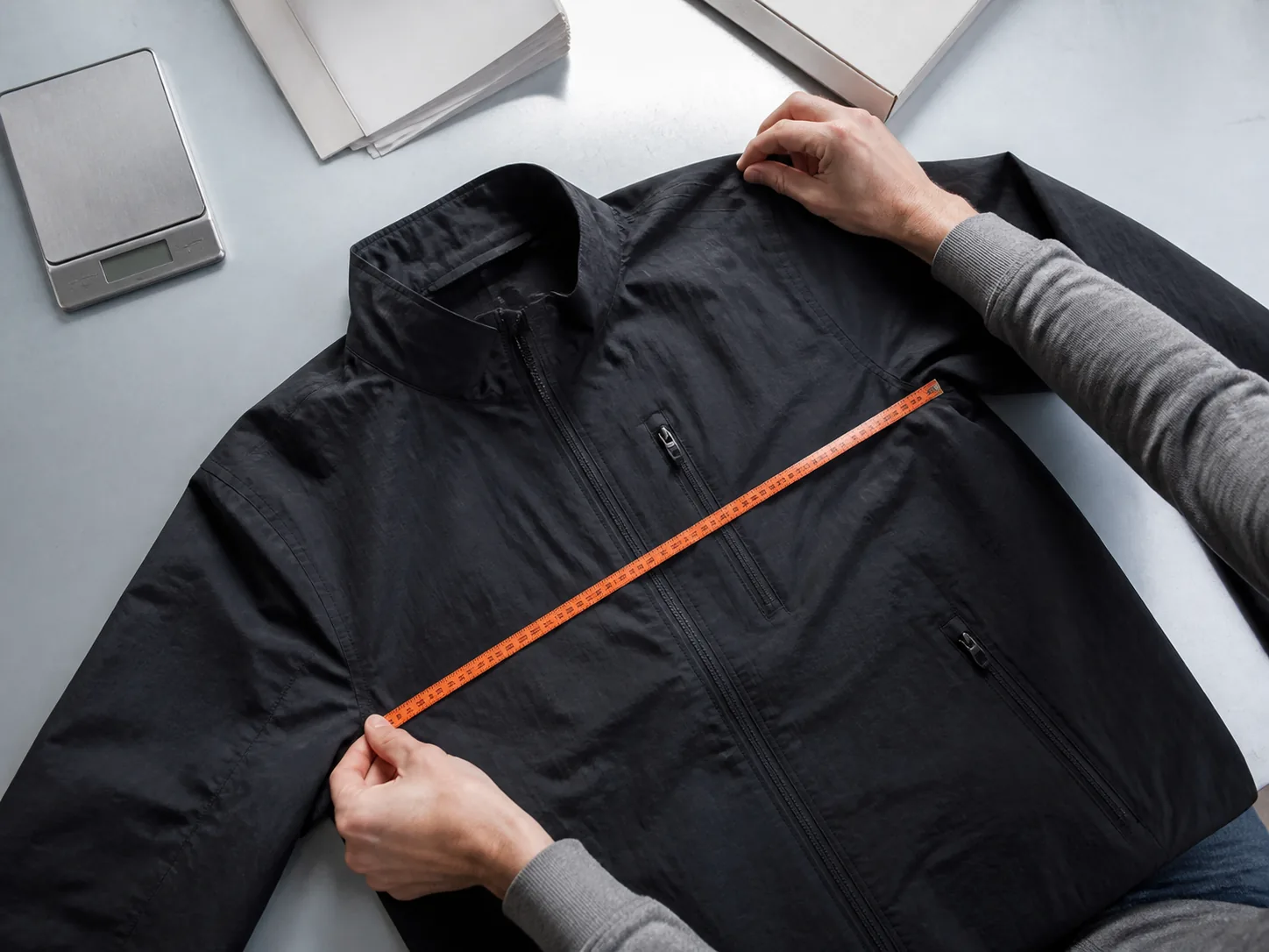 Hands checking a jacket with an orange measuring tape and parcel scale